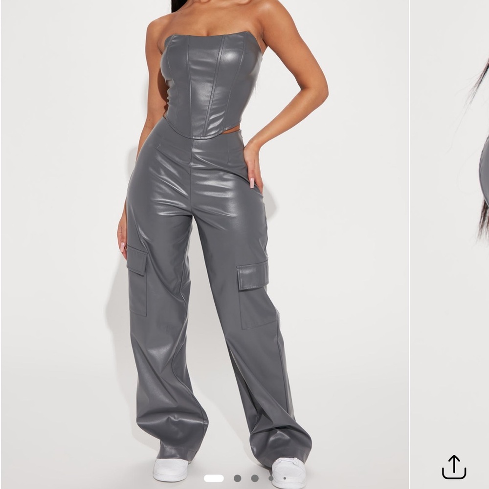 Kennedy Faux Leather Pant Set - Charcoal